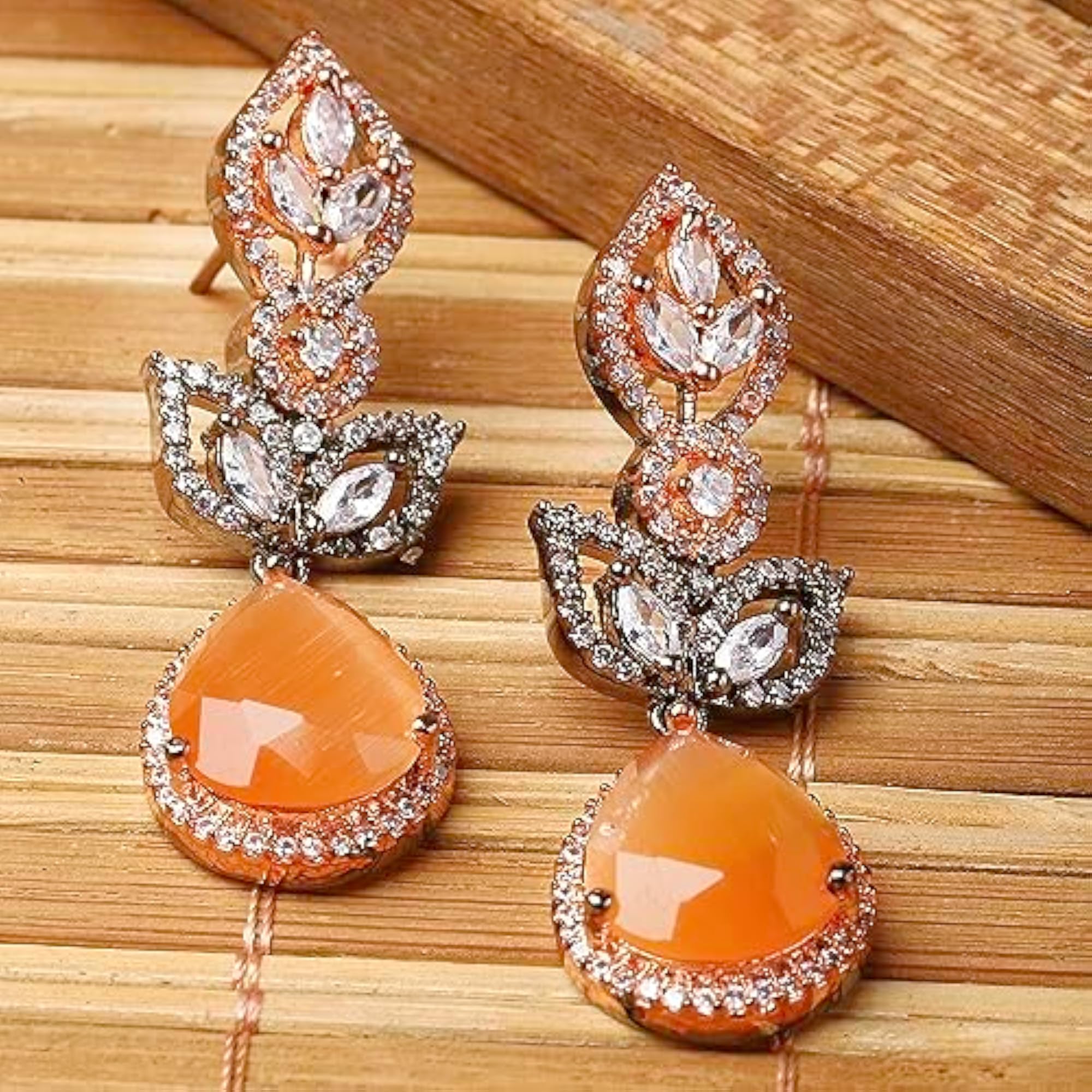 Women's Rose Gold & Oxidised Silver Dual Tone Peach Teardrop Dangler Earrings